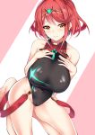  1girl bangs blush breasts competition_swimsuit covered_navel daive earrings gem headpiece highres homura_(xenoblade_2) jewelry large_breasts looking_at_viewer one-piece_swimsuit pose red_hair short_hair simple_background solo swept_bangs swimsuit tiara xenoblade_(series) xenoblade_2 yellow_eyes 