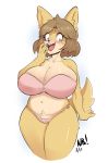  2018 5_fingers anthro big_breasts biped black_nose blush bra breasts brown_hair camel_toe canid canine canis cleavage clothed clothing crotch_tuft digital_media_(artwork) domestic_dog eyelashes female fingers fur hair hi_res june_(jinu) looking_at_viewer mammal multicolored_fur navel nerdbayne open_mouth open_smile panties pink_tongue portrait shiba_inu signature simple_background smile solo spitz tan_ears tan_fur tan_tail teeth three-quarter_portrait tongue two_tone_fur underwear voluptuous white_background 