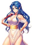  1girl artist_name bare_shoulders blue_eyes blue_hair bracer braid breasts cleavage closed_mouth collarbone dress eyebrows_visible_through_hair eyes_visible_through_hair fan fingernails folding_fan french_braid gem hair_intakes hand_on_hip hand_up highres holding holding_fan jewelry large_breasts long_hair looking_at_viewer madou_monogatari milcho neck_ring pelvic_curtain puyopuyo rulue_(puyopuyo) sash see-through side_slit sidelocks signature simple_background smile solo strapless strapless_dress wavy_hair white_background white_dress 