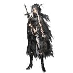  1girl arknights bangs black_dress black_eyes black_footwear black_scarf boots buttons cloak dress eyebrows_visible_through_hair full_body hair_between_eyes high_heel_boots high_heels holding holding_staff hood hood_up hooded_cloak horns jewelry knee_boots knee_pads long_hair looking_at_viewer multiple_straps necklace official_art ryuuzaki_ichi scarf shining_(arknights) sidelocks solo staff tachi-e torn_cloak torn_clothes transparent_background two-tone_dress very_long_hair white_dress white_hair wrist_wrap 
