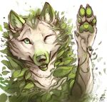 2019 4_toes alectorfencer canid canine canis digital_media_(artwork) feral green_eyes leaf looking_at_viewer mammal one_eye_closed pawpads paws simple_background smile solo toes white_background wolf 
