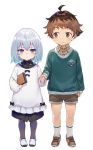  1boy 1girl :&lt; ahoge blue_eyes blush brown_hair child dress hair_between_eyes highres holding_hands kuzuryuu_yaichi looking_at_another looking_at_viewer multicolored_hair ryuuou_no_oshigoto! shirabi shirt shorts silver_hair simple_background sora_ginko sweater two-tone_hair white_background younger 