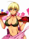  1girl ahoge apron bare_shoulders bikini blonde_hair blue_background blush bowl breasts camouflage camouflage_bikini choker cleavage collarbone dark_skin egg eyebrows_visible_through_hair food foreshortening frilled_apron frills green_bikini green_eyes hair_between_eyes hands_up highleg highleg_bikini holding holding_tray large_breasts light_smile lips looking_at_viewer meat mikadocosmo mito_ikumi multicolored multicolored_background navel parted_lips pink_apron pink_background red_choker shiny shiny_skin shokugeki_no_souma short_hair solo star star_print starry_background stew swimsuit toned tongue tray waist_apron white_background wide_hips 