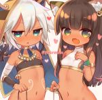  2girls :d animal_ear_fluff animal_ears ankh bandaged_arm bandages bangs bare_shoulders bastet_(p&amp;d) blue_eyes blunt_bangs blush breasts brown_hair cat_ears crop_top dark_skin ear_piercing egyptian eyebrows_visible_through_hair facial_mark fang green_eyes grey_background hair_between_eyes heart holding long_hair marshmallow_mille multiple_girls navel open_mouth parted_lips piercing puzzle_&amp;_dragons simple_background sleeveless small_breasts smile sopdet_(p&amp;d) twitter_username veil white_hair 