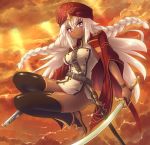  1girl belt black_legwear bottomless braid breasts cape cloud cloudy_sky commentary_request dark_skin fate/grand_order fate_(series) gun hair_between_eyes holding holding_gun holding_sword holding_weapon jumping kasabou lakshmibai_(fate/grand_order) light_frown long_hair looking_at_viewer medium_breasts musket no_panties purple_eyes red_cape red_headwear sandals scabbard sheath shirt shoulder_strap side_braids sky solo sunset sword thighhighs thighs toeless_legwear turban twin_braids very_long_hair weapon white_hair white_shirt wristband 