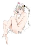  1girl animal_ears bangs barefoot blue_eyes blush braid cat_ears commentary_request copyright_request fetal_position from_side full_body grey_hair headpiece knees_up long_hair looking_at_viewer looking_to_the_side medium_hair nude open_mouth parted_bangs relaxjon signature simple_background solo twintails white_background 