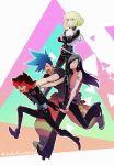  4boys biker_clothes black_gloves black_jacket blonde_hair blue_hair carrying_overhead closed_eyes cravat crossed_arms funuyu galo_thymos gloves gueira hair_over_one_eye highres jacket lio_fotia long_hair mad_burnish male_focus meis_(promare) multiple_boys open_mouth promare red_hair running shirt smile 