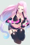  1girl aqua_hair cis05 elbow_gloves fate/stay_night fate_(series) fingerless_gloves garter_straps gloves grey_background lace-up_top long_hair miniskirt multicolored_hair navel pink_eyes pink_hair rider simple_background skirt solo thighhighs very_long_hair 