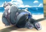  3_eyes anthro beach belly blush bodily_fluids butt clothing cum embarrassed feet genital_fluids hamagiato male multi_ear multi_eye overweight pawpads seaside speedo speedo_down sweat swimwear tokyo_afterschool_summoners tsathoggua tusks video_games 