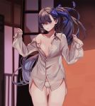 1girl absurdres bangs bare_shoulders blue_eyes breasts collarbone commentary_request eyebrows_visible_through_hair fate/grand_order fate_(series) hair_ribbon highres long_hair long_sleeves looking_at_viewer meltryllis panties ponytail purple_hair ribbon shirt small_breasts smile solo sun_miru underwear very_long_hair white_panties white_shirt 