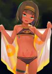  1girl :d ass_visible_through_thighs bangs bare_arms bare_shoulders bikini blush brown_bikini brown_hair brown_hairband collarbone commentary_request dark_skin eyebrows_visible_through_hair fang flat_chest green_eyes hairband hands_up head_tilt hieroglyphics highres holding holding_towel navel open_mouth original pubic_tattoo short_sleeves skindentation smile solo standing swimsuit tattoo thigh_strap towel toy_box-r translation_request 