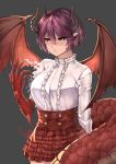  1girl ahoge black_background claws crying dragon_girl dragon_horns dragon_tail dragon_wings eyebrows_visible_through_hair granblue_fantasy grea_(shingeki_no_bahamut) hair_between_eyes highres horns kagurachi manaria_friends pointy_ears purple_hair red_eyes red_skirt sad scales school_uniform shadowverse shingeki_no_bahamut shirt short_hair signature simple_background skirt slit_pupils solo spikes tail tears torn_clothes torn_shirt white_shirt wings 