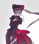  1girl bow closed_mouth commentary_request dress fang frilled_dress frills gothic_lolita lolita_fashion long_hair looking_at_viewer mi8pq overlord_(maruyama) ponytail red_eyes shalltear_bloodfallen simple_background smile solo vampire very_long_hair white_background 