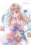  1girl atelier_(series) atelier_totori bag bird brown_hair closed_mouth cowboy_shot fish hat highres holding holding_staff long_hair looking_at_viewer purple_eyes scarlet_dango seagull see-through skirt smile solo staff standing starfish totooria_helmold water 