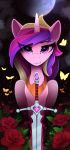  &lt;3 2019 absurd_res arthropod butterfly equid female flower friendship_is_magic full_moon hi_res horn insect lepidopteran mammal melee_weapon moon my_little_pony night plant princess_cadance_(mlp) purple_eyes rose_(flower) solo star sword weapon winged_unicorn wings yakovlev-vad 