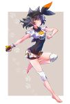  1girl animal_ears barefoot blake_belladonna bodysuit cat_ears cosplay covered_navel gloves hairband highres iesupa pokemon pokemon_(game) pokemon_swsh ribbon rwby saitou_(pokemon) saitou_(pokemon)_(cosplay) shirt short_hair short_sleeves shorts solo white_shirt wristband yellow_eyes 