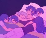  3boys 3girls annoyed bed blanket blue_hair chrom_(fire_emblem) dark_background dual_persona family father_and_daughter father_and_son fire_emblem fire_emblem_awakening hollyfig husband_and_wife lucina morgan_(fire_emblem) morgan_(fire_emblem)_(male) mother_and_daughter mother_and_son multiple_boys multiple_girls pillow robin_(fire_emblem) robin_(fire_emblem)_(female) short_hair silver_hair sleeping 