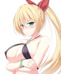  1girl :/ arms_under_breasts bangs bare_arms bare_shoulders bikini black_bikini blonde_hair blush breast_hold breasts cleavage closed_mouth collarbone covered_nipples eyebrows_visible_through_hair fingernails green_eyes hair_between_eyes hair_ribbon high_ponytail highres large_breasts long_hair looking_at_viewer naoki_(endofcentury102) nose_blush o-ring o-ring_bikini o-ring_top original ponytail red_ribbon ribbon simple_background solo swimsuit upper_body v-shaped_eyebrows very_long_hair white_background 