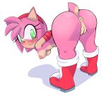  accessory amy_rose anthro anus bent_over blush bodily_fluids boots bound breasts butt clitoris clothing eulipotyphlan eyelashes female footwear fur genital_fluids green_eyes hair_accessory hairband hands_behind_back hedgehog hi_res mammal nipples pink_fur pussy pussy_juice saltwatertoffee simple_background solo sonic_(series) standing sweat 