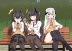  3girls architect_(girls_frontline) bench black_hair bubble_tea cellphone commentary_request crossed_legs cup disposable_cup drinking drinking_straw forest gager_(girls_frontline) girls_frontline green_eyes hair_ornament long_hair multiple_girls nature necktie orange_eyes ouroboros_(girls_frontline) park park_bench phone pink_eyes sangue_llia sangvis_ferri school_uniform side_ponytail skirt thighhighs thighs tree twintails vest white_hair 