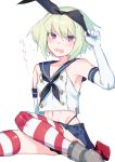  1boy black_panties cosplay crop_top crop_top_overhang crossdressing elbow_gloves gloves green_hair hairband highleg highleg_panties highres kantai_collection lio_fotia male_focus microskirt moegi0926 open_mouth otoko_no_ko panties promare purple_eyes sailor_collar shimakaze_(kantai_collection) shimakaze_(kantai_collection)_(cosplay) skirt solo striped striped_legwear thighhighs thong underwear white_gloves 