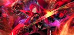  1girl aguy bangs black_bodysuit bodysuit cape commentary_request copyright_name eyebrows_visible_through_hair fate/grand_order fate_(series) gloves glowing glowing_eyes hair_over_one_eye holding holding_sword holding_weapon long_hair long_sleeves oda_nobunaga_(fate) oda_nobunaga_(maou_avenger)_(fate) parted_lips red_cape red_eyes red_gloves red_hair skull smile solo sword very_long_hair weapon 