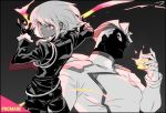  2boys back biker_clothes black_gloves black_jacket cravat fire frilled_sleeves frills gloves half_gloves jacket kray_foresight lio_fotia looking_back matahei monochrome multiple_boys open_mouth promare red_eyes shaded_face spoilers 