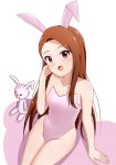  1girl animal_ears arm_support black_hairband blush breasts brown_hair bunny_ears bunny_girl bunnysuit cleavage collarbone fake_animal_ears hairband head_tilt highleg highleg_leotard highres idolmaster idolmaster_(classic) leotard long_hair minase_iori open_mouth pink_leotard red_eyes runmo77 shiny shiny_hair shiny_skin simple_background sitting small_breasts solo strapless strapless_leotard stuffed_animal stuffed_toy very_long_hair white_background 