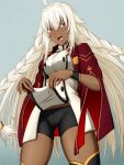  1girl :o ahoge bike_shorts black_legwear black_shorts blush braid breasts cape cowboy_shot dark_skin eyebrows_visible_through_hair fate/grand_order fate_(series) hair_between_eyes hasebe_akira lakshmibai_(fate/grand_order) long_hair medium_breasts red_cape red_eyes shirt shirt_lift shorts side_braids solo thighhighs twin_braids very_long_hair white_hair white_shirt 