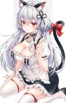  1girl anchor_choker animal_ears azur_lane bangs blush breasts cat_ears cat_tail choker cleavage collarbone dress eyebrows_visible_through_hair hair_between_eyes hairband high_heels highres lace-trimmed_hairband large_breasts long_hair looking_at_viewer mellozzo puffy_sleeves red_eyes red_ribbon ribbon ribbon-trimmed_legwear ribbon_trim short_hair short_sleeves sidelocks sirius_(azur_lane) sitting slit_pupils solo tail tail_ribbon thighhighs wariza white_dress white_hair white_legwear 