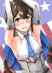  1girl american_flag_background armpits arms_up black_eyes black_hair blue_neckwear braid breasts capelet colorado_(kantai_collection) colorado_(kantai_collection)_(cosplay) commentary_request cosplay dress elbow_gloves gloves grey_dress hair_between_eyes highres isonami_(kantai_collection) kantai_collection looking_at_viewer necktie owada_(kousonhuchi) pleated_dress shirt sidelocks sleeveless small_breasts solo twin_braids upper_body white_shirt 