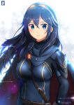  1girl artist_name blue_eyes blue_hair breasts breasts_apart chinchongcha closed_mouth fire_emblem fire_emblem_awakening floating_hair hair_between_eyes hairband highres long_hair long_sleeves looking_at_viewer lucina medium_breasts shiny shiny_hair smile solo standing upper_body yellow_hairband 