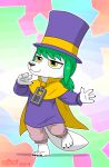  2019 a_hat_in_time abstract_background anthro barefoot black_nose canid canine claws clothed clothing cosplay drjavi fox fur green_hair hair hat hat_kid headgear headwear mammal starlight_frost top_hat white_fur yellow_eyes 