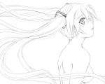  1girl asunogear breasts floating_hair from_side greyscale hair_between_eyes hair_censor hair_ornament hatsune_miku highres long_hair looking_up medium_breasts monochrome nude parted_lips shoulder_blades sideboob simple_background sketch solo twintails upper_body very_long_hair vocaloid white_background 