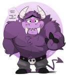  anthro belt blush bodily_fluids bovid bovine cartoon_network dialogue eduardo fangs foster&#039;s_home_for_imaginary_friends fur hi_res hikazedragon horn imaginary_friend male mammal purple_fur purple_skin solo sweat talking_to_viewer 