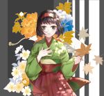  1girl bangs black_hair cowboy_shot erika_(pokemon) facing_viewer floral_background grey_eyes gym_leader hairband hand_on_own_chest headband hisapanda japanese_clothes kimono leaf leaf_background light_smile looking_at_viewer pokemon pokemon_(game) pokemon_lgpe short_hair solo 