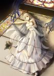  1girl anastasia_(fate/grand_order) bad_proportions bare_shoulders blue_eyes dress fate/grand_order fate_(series) highres long_hair looking_at_viewer on_floor shadow silver_hair solo very_long_hair white_dress white_footwear zhi_wozi 