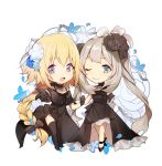  :d ;) alternate_costume ankle_ribbon bare_legs bare_shoulders black_bow black_dress black_footwear black_gloves black_legwear black_ribbon blonde_hair blue_eyes bow braid chibi dress fate/apocrypha fate/grand_order fate_(series) flower formal gloves hair_flower hair_ornament hair_ribbon hand_on_another&#039;s_arm highres jeanne_d&#039;arc_(fate) jeanne_d&#039;arc_(fate)_(all) jewelry long_hair looking_at_viewer marie_antoinette_(fate/grand_order) neck_ribbon necklace no-kan off_shoulder one_eye_closed open_mouth outstretched_hand purple_eyes reaching ribbon side_slit silver_hair simple_background sleeveless sleeveless_dress smile thighhighs twintails white_background zettai_ryouiki 