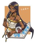  1girl absurdres armlet artist_name black_hair blue_eyes breasts card circlet cleavage dark_skin diadem duel_disk egyptian gold_trim hair_tubes highres holding holding_card ishizu_ishtar jewelry kurokiseow long_hair looking_at_viewer millennium_necklace necklace playing_card sketch solo two-tone_background very_long_hair yuu-gi-ou 