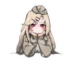  1girl blonde_hair blush chin_rest closed_mouth girls_frontline hair_ornament hairclip hat jacket long_hair looking_at_viewer m1919_(girls_frontline) mogijabgo open_clothes red_eyes simple_background smile solo 