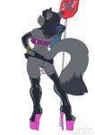  anthro anus armwear black_hair black_pussy blue_hair bodily_fluids bottomwear breasts butt canid canine clothing dipstick_tail ear_piercing ear_ring female footwear fox fur genital_fluids grey_fur hair hand_on_hip handwear hi_res high_heels kandlin legwear looking_at_viewer looking_back mammal multicolored_tail panties panties_down piercing platform_footwear platform_heels prostitution pussy pussy_juice rear_view shoes simple_background skirt solo thigh_highs tongue tongue_out tube_top under_boob underwear upskirt white_background 