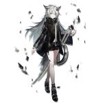  1girl animal_ear_fluff animal_ears ankle_boots arknights bangs black_coat black_hair black_nails black_shorts boots breasts closed_mouth eyebrows_visible_through_hair eyeshadow facial_scar fox_ears fox_tail full_body gloves grey_eyes grey_hair hair_between_eyes hair_ornament hairclip hand_up high_collar huanxiang_heitu jacket lappland_(arknights) long_hair looking_at_viewer makeup messy_hair multicolored_hair multiple_swords official_art scar scar_across_eye shorts sidelocks smile solo sword tachi-e tail transparent_background very_long_hair weapon wide_sleeves 