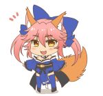  /\/\/\ 1girl afuro animal_ear_fluff animal_ears bare_shoulders blue_kimono blue_legwear blue_ribbon blush blush_stickers breasts chibi cleavage commentary commentary_request detached_sleeves eyebrows_visible_through_hair fangs fate/grand_order fate_(series) fox_ears fox_girl fox_tail full_body hair_ribbon japanese_clothes kimono large_breasts long_hair looking_at_viewer open_mouth pink_hair ribbon solo standing surprised tail tamamo_(fate)_(all) tamamo_no_mae_(fate) white_background yellow_eyes 