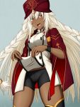  1girl :o bike_shorts black_legwear black_shorts blush braid breasts cape cowboy_shot dark_skin eyebrows_visible_through_hair fate/grand_order fate_(series) hair_between_eyes hasebe_akira lakshmibai_(fate/grand_order) long_hair medium_breasts red_cape red_eyes red_headwear shirt shirt_lift shorts side_braids solo thighhighs turban twin_braids very_long_hair white_hair white_shirt 