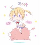  1girl 2019 ahoge blonde_hair blue_eyes blue_skirt boar bow bowtie chibi chinese_zodiac clothes_around_waist commentary_request heart miniskirt official_art onishima_homare open_mouth outstretched_arm pleated_skirt red_neckwear riding riding_boar sagaraise school_uniform shirt simple_background skirt sleeves_rolled_up sounan_desuka? star white_background white_shirt year_of_the_pig 
