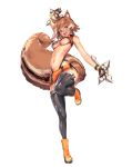  1girl abs animal_ear_fluff animal_ears antenna_hair arm_up bangs black_legwear black_panties blazblue blush boots breasts brown_eyes brown_hair destiny_child dual_wielding fingerless_gloves full_body gloves highleg highleg_panties holding holding_weapon large_breasts leg_up looking_at_viewer makoto_nanaya multi-strapped_panties multicolored_hair navel official_art orange_footwear orange_skirt panties revealing_clothes shiny shiny_clothes shiny_skin short_hair sidelocks skindentation skirt solo squirrel_ears squirrel_tail tachi-e tail thighhighs tonfa two-tone_hair underboob underwear weapon 