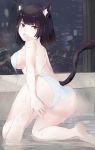  1girl absurdres animal_ears ass azur_lane bangs bare_arms bare_legs bare_shoulders black_hair bra breasts cat_ears cat_eras cat_tail city city_lights fang from_behind ha_ru_no_0620 highres in_water large_breasts looking_at_viewer open_bra open_mouth panties red_eyes short_hair solo tail underwear water white_panties yamashiro_(azur_lane) 