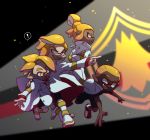  ! 1girl 3boys black_pants black_shirt black_shorts blurry blurry_background boots closed_mouth commentary crossed_arms dark_skin depth_of_field domino_mask emblem emperor_(splatoon) fangs frown hand_on_another&#039;s_back highres inkling jacket_on_shoulders leaning_forward long_sleeves mask multiple_boys n-pacer_(splatoon) open_mouth orange_eyes orange_hair orange_tongue pants pointing pointy_ears ponytail prince_(splatoon) running shirt shoes shorts smirk sneakers splatoon_(manga) splatoon_(series) spoken_exclamation_mark squidkid_jr. standing tentacle_hair ukata uniform v-shaped_eyebrows white_coat white_footwear 