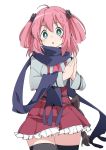  1girl :o ahoge black_legwear blue_scarf blush cat_hair_ornament chuunibyou_demo_koi_ga_shitai! eyebrows_visible_through_hair green_eyes hair_ornament heart_tattoo ixy long_sleeves looking_at_viewer pink_hair red_skirt scarf shichimiya_satone short_hair simple_background skirt solo tattoo thighhighs twintails white_background 