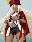  1girl :o bike_shorts black_legwear black_shorts blush braid breasts cape cowboy_shot dark_skin eyebrows_visible_through_hair fate/grand_order fate_(series) hair_between_eyes hasebe_akira lakshmibai_(fate/grand_order) long_hair medium_breasts red_cape red_eyes red_headwear shirt shirt_lift shorts side_braids solo surprised sweatdrop thighhighs turban twin_braids very_long_hair wavy_mouth white_hair white_shirt 